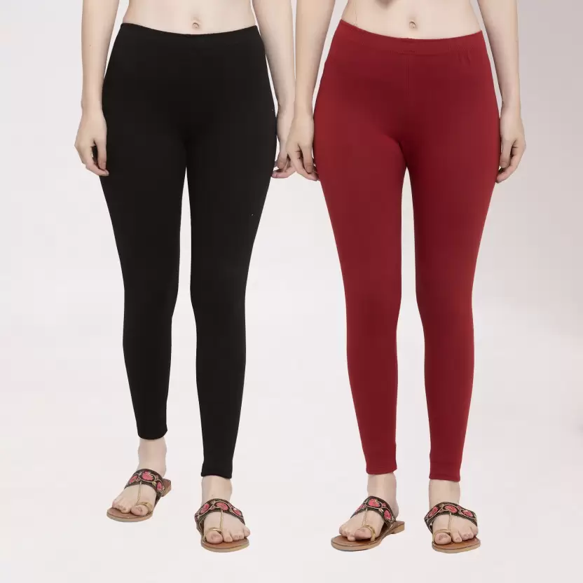 Set of Women's Ankle Length Cotton Leggings, 1 Black & 1 Maroon